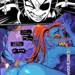 nanboku frisk undertale undyne undertale utdr toby fox highres translated 1boy 1girl after vaginal aftersex against wall anus ass before and after blue skin breasts censored clothed male nude female colored sclera