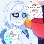 sachiko shirayuki papyrus undertale sans undertale undertale utdr toby fox tagme 1boy 1girl anger vein blue eyes bob cut breasts cleavage colored skin english text genderswap genderswap mtf grin hot dog incest