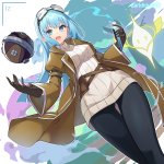 dark hound 3 iz bofuri itai no wa iya nano de bougyoryoku ni kyokufuri shitai to omoimasu highres 1girl ball black pants blue hair brown jacket goggles jacket pants solo