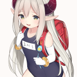 hirota fruit emma august emma august 1st costume nijisanji commentary request highres 1girl backpack bag bare shoulders black one-piece swimsuit blush brown eyes crime prevention buzzer curled horns dated demon horns elbow