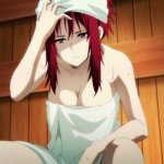 iris midgar kage no jitsuryokusha ni naritakute! anime screenshot highres stitched third-party edit 1girl bare shoulders breasts cleavage collarbone large breasts long hair naked towel princess red eyes red hair sidelocks thighs