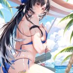 clouble yangyang wuthering waves wuthering waves blue headwear highres 1girl ass back barefoot beach beach towel bikini black hair blue bikini blurry blush breasts brown eyes closed mouth cloud coconut coconut tree