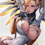 NSFW ecchi gaming art of oppai hentai game slut Mercys big tits from Blizzards Overwatch game.