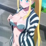 beatrix amerhauser zom 100: zombie ni naru made ni shitai 100 no koto ai-generated highres 1girl bathrobe blonde hair blue eyes blush breasts large breasts long hair ponytail thighs underwear