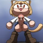 lankykonga neco-arc melty blood tsukihime absurdres highres 1futa :3 animal ears blonde hair boots cat ears cat girl cat tail from below futanari large penis large testicles looking at viewer looking down