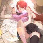 siha elizabeth liones liz nanatsu no taizai nanatsu no taizai black legwear bad id bad pixiv id commentary request highres 2girls arms up ascot back bow black ascot blue eyes bow breasts