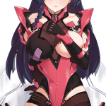 sendo sendrawz raiden mei honkai series honkai impact 3rd commentary highres 1girl ahoge armor artist name blush braid breasts cleavage covered erect nipples elbow gloves female focus gloves hair ornament hairpin hand
