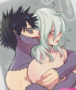 dabi boku no hero academia shigaraki tomura boku no hero academia commentary request highres translation request 2boys black hair burn scar collarbone ear piercing from side grey background grey eyes grey hair