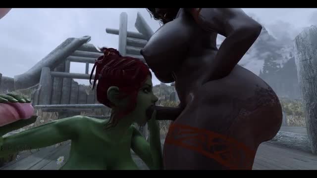 2 Futanari Dwarves Fill Goblin Tummy with Cum