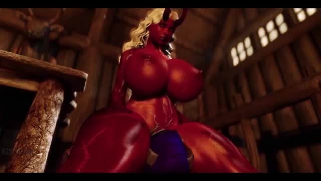 Incredible Curvy Juicy Demoness Plays With Big Futanari Cock