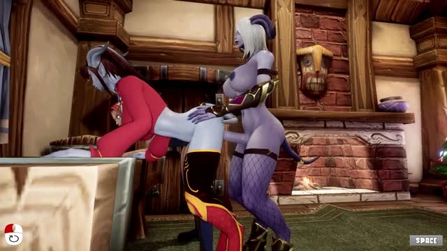 Futa Draenei bangs Female Draenei and Female Elf