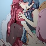 ecoman sakurauchi riko tsushima yoshiko love live! love live! sunshine!! ass grab black legwear french braid absurdres highres 1futa 1girl aqua shirt blue background blue hair blue shorts blush bow braid closed
