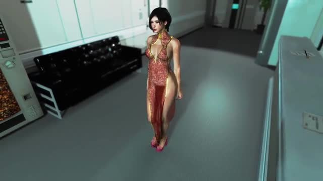 Gorgeous Ada Wong in a transparent dress dances in the Umbrella office