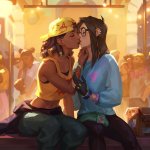 killjoy valorant raze valorant valorant absurdres character request highres official art 2girls backwards hat box brown hair cardboard box closed eyes clothes around waist dark-skinned female dark skin day dreadlocks fingerless...