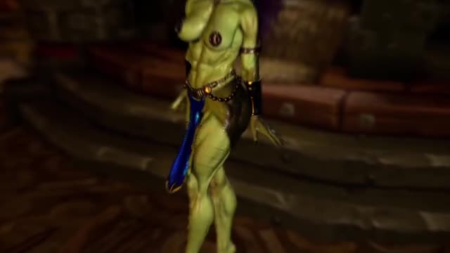 Muscular feral orc queen in bikini armor dancing and flexing her biceps