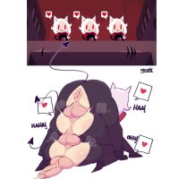 pixzapix cerberus helltaker helltaker clothes absurdres highres 3futa 3newhalf anal animal ears anus ass clothed sex cum double penetration ejaculating while penetrated ejaculation english text futa with futa futa without pussy...