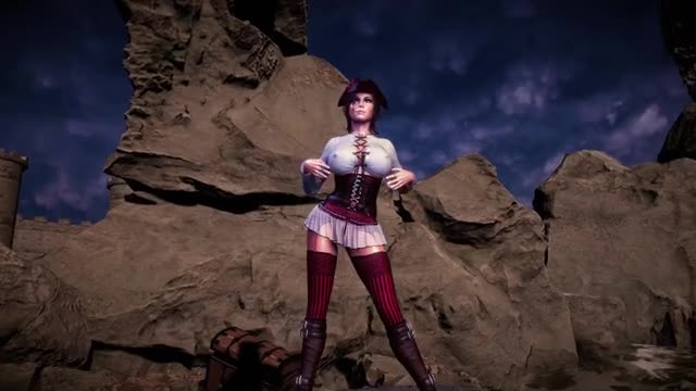 Pirate queen Lara Croft seductively dances on the coast before storm