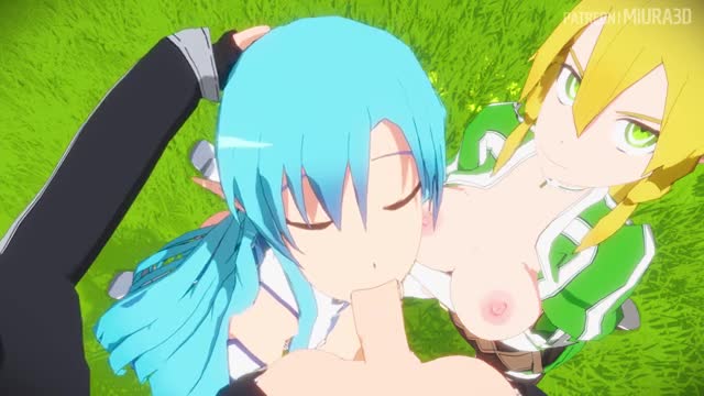 Sword Art Online Leafa & Asuna x Kirito double blowjob