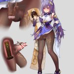 ninai keqing genshin impact genshin impact absurdres highres 1futa animal ears bar censor bare shoulders body pillow brown pantyhose cat ears censored chastity cage choker clothes lift cone hair bun cross-section dildo