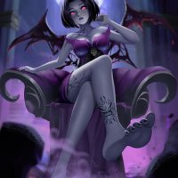 sixiang li jade chan jackie chan adventures absurdres highres 1girl barefoot black hair black nails breasts chair cleavage colored skin dark persona feet grey skin hand up indoors leg tattoo looking at