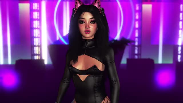 Exotic fluffy cat girl in tight bodysuit dancing alone in night club
