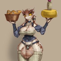 bearthing argonian the elder scrolls absurdres highres 1futa basket black choker bottomless bread breasts brown background chastity cage cheese choker cleavage colored sclera food furry furry female futanari holding holding basket...