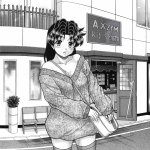 katsu aki onoda yura futari ecchi absurdres highres 1girl bag between breasts blush breasts cleavage dress earrings greyscale handbag jewelry long hair looking at viewer monochrome off shoulder open mouth outdoors plant