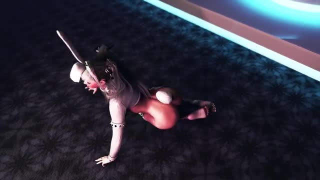 Naughty cheerful stripper in bunny costume entertains nightclub patrons