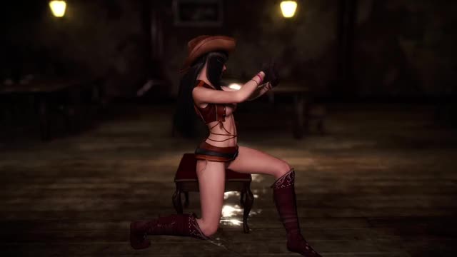 Shameless beauty Tifa Lockhart in cowgirl outfit dancing in Seventh Heaven