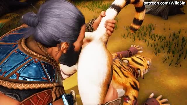 A Warrior makes passionate love to a Furry Tigress near the village