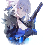 shigureszku galbrena wuthering waves wuthering waves absurdres commentary english commentary highres 1girl black jacket blue shirt breasts cleavage closed mouth collarbone cropped torso ear piercing earrings gold choker gun hair...