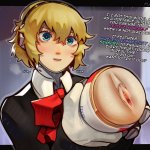fluffydango aigis persona persona persona 3 highres 1girl android artificial vagina blonde hair blue eyes bow bowtie dildo english text gekkoukan high school uniform hair between eyes holding holding sex toy long