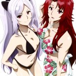 alexia midgar iris midgar kage no jitsuryokusha ni naritakute! megami magazine absurdres highres magazine scan official art scan 2girls asymmetrical docking bikini black bikini breast press breasts cleavage floral print floral print