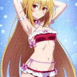 terakomari gandezblood hikikomari kyuuketsuki no monmon megami magazine absurdres highres magazine scan official art scan 1girl ahoge armpits arms behind head arms up bikini blonde hair blush bow breasts cone hair bun