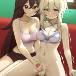 ryle genshin impact amber genshin impact lumine bottomless bra censored futanari handjob