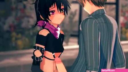 Petite goth girl fondling balls