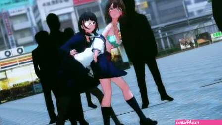 Schoolgirls strip dance park [MMD]