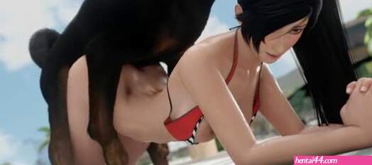 Momiji with her dog in the beach