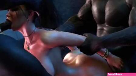 Thick bimbo Lara Croft blacked by two huge bandits in dirty restroom